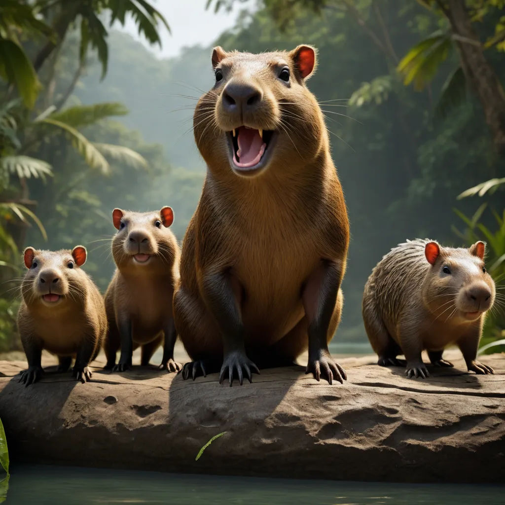 a group of animals standing on top of a rock near a river and trees in the background with a smiling man, photorealism, concept art, Chris LaBrooy, cgstudio