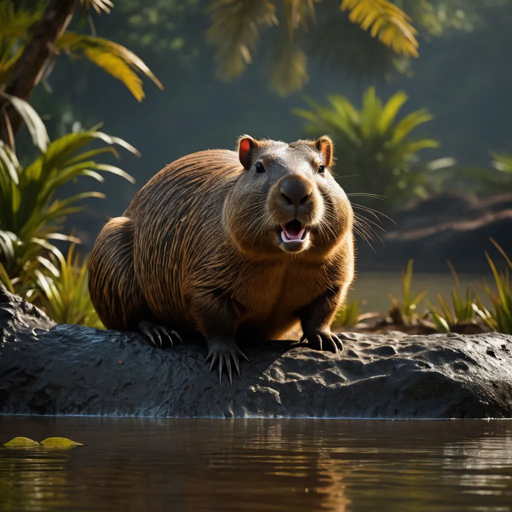 a brown animal sitting on top of a rock near water and trees in the background with a reflection of the ground, photorealism, a stock photo, Chris LaBrooy, weta digital