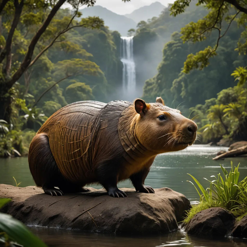 a capybara is sitting on a rock in front of a waterfall and a river with a waterfall in the background, rayonism, a digital rendering, Chris LaBrooy, photoreal