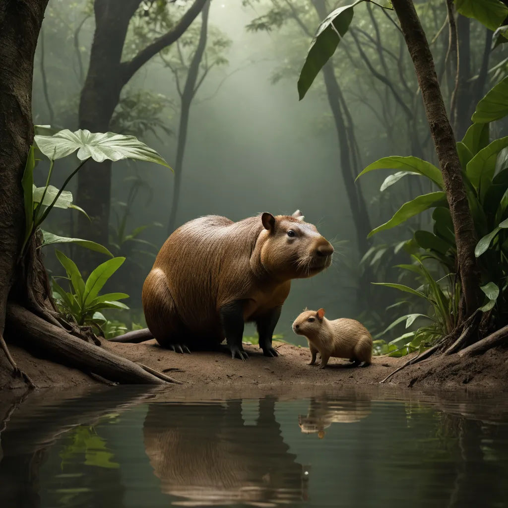 a mother capybara and her baby in a forest setting with a pond and trees in the foreground, photorealism, a storybook illustration, Chris LaBrooy, animal photography