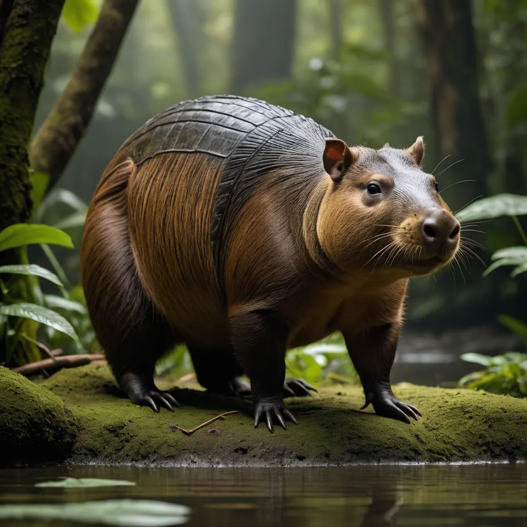 a large animal standing on top of a moss covered ground next to a river in a forest filled with trees, rayonism, an illustration of, Clovis Trouille, animal photography