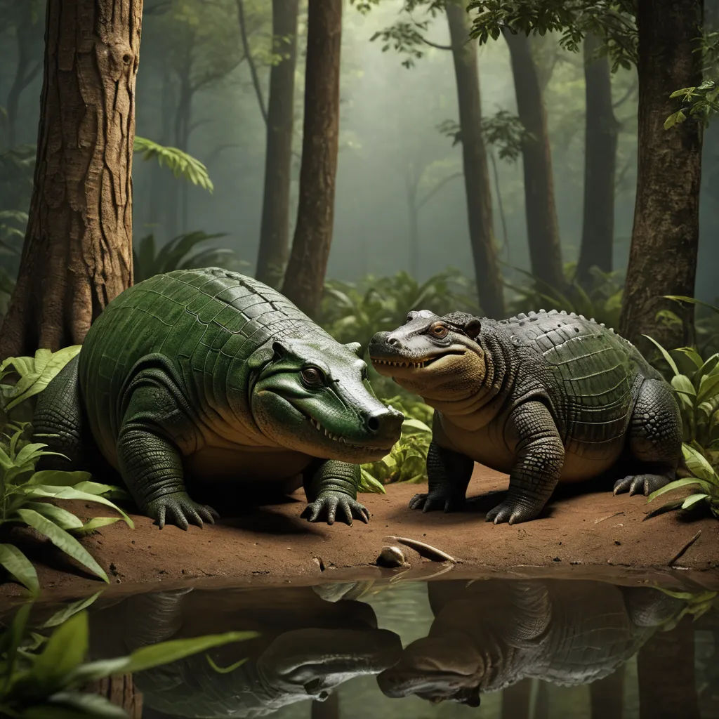 two large alligators are sitting in the woods near a pond of water and trees, with one of them facing the other, photorealism, a 3D render, Chris LaBrooy, photoreal