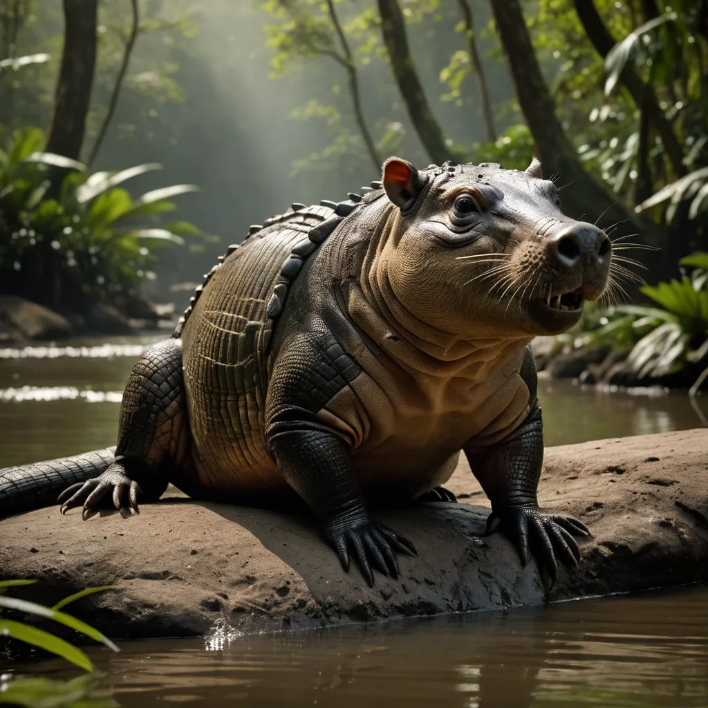 a large animal sitting on top of a rock in a river next to a forest filled with trees and bushes, sumatraism, a digital rendering, Abidin Dino, weta digital