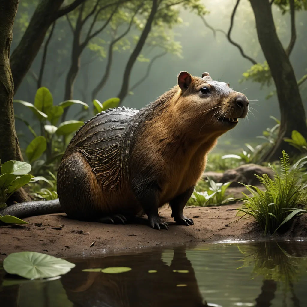 a large animal sitting on top of a dirt ground next to a pond of water and trees in the background, rayonism, an illustration of, Chris LaBrooy, weta digital