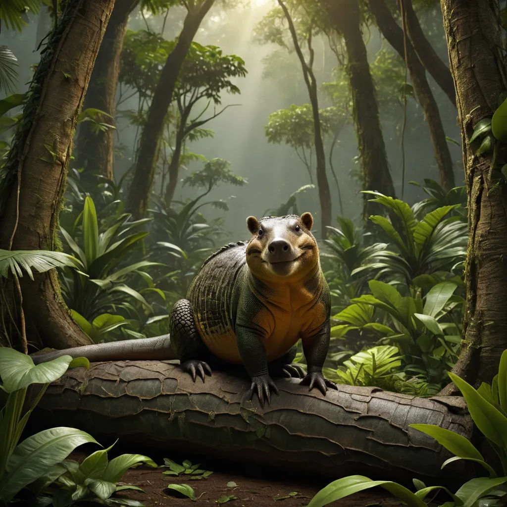 a large animal sitting on top of a log in a forest filled with trees and plants, with sunlight shining through the trees, rayonism, an ambient occlusion render, Chris LaBrooy, weta digital