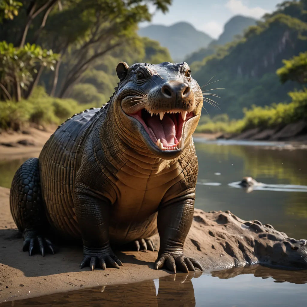 a large alligator sitting on top of a river bank next to a forest filled with trees and bushes,, photorealism, a 3D render, Chris LaBrooy, photoreal