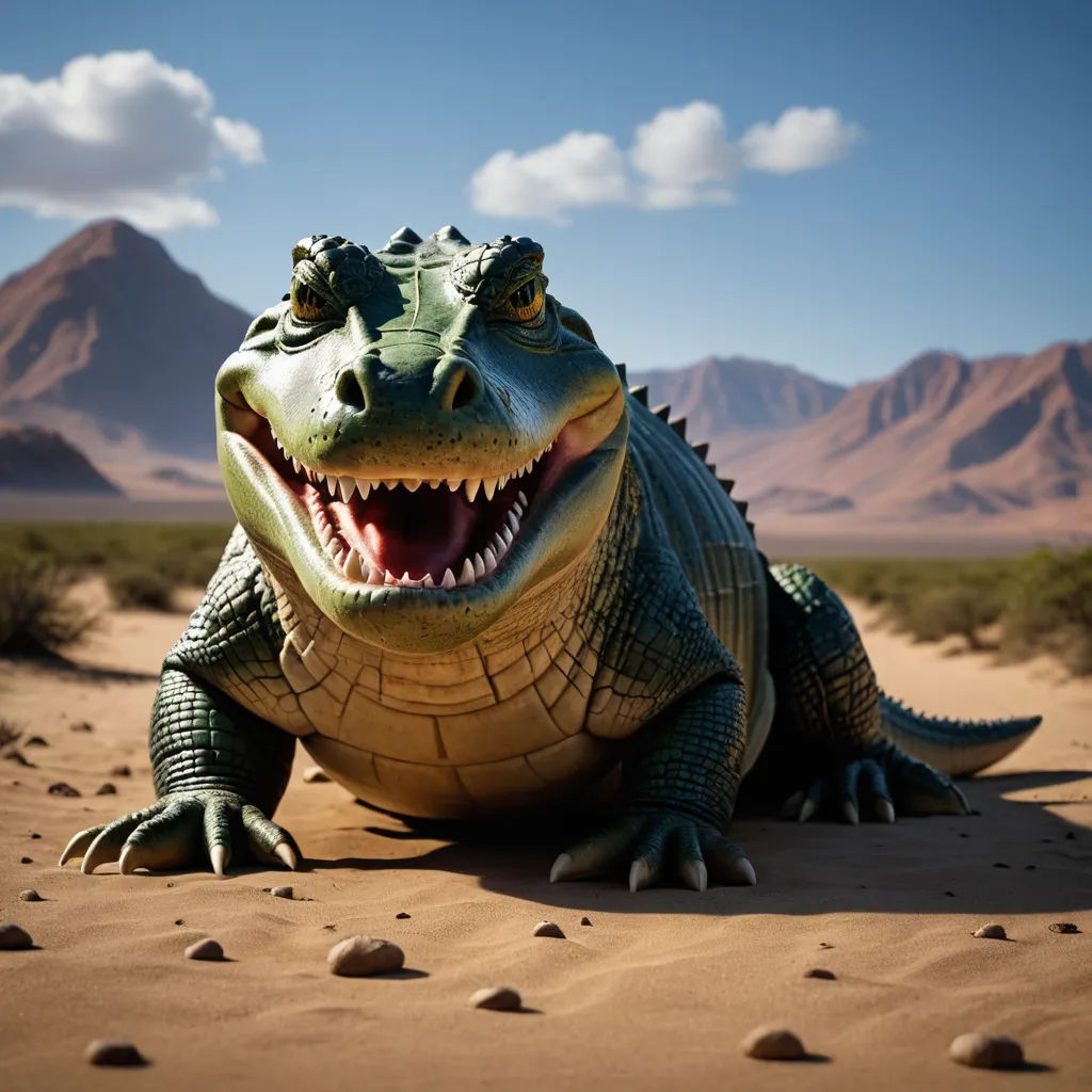 a large alligator with its mouth open in the desert with mountains in the background and a blue sky with clouds, photorealism, an ambient occlusion render, Chris LaBrooy, unreal engine render