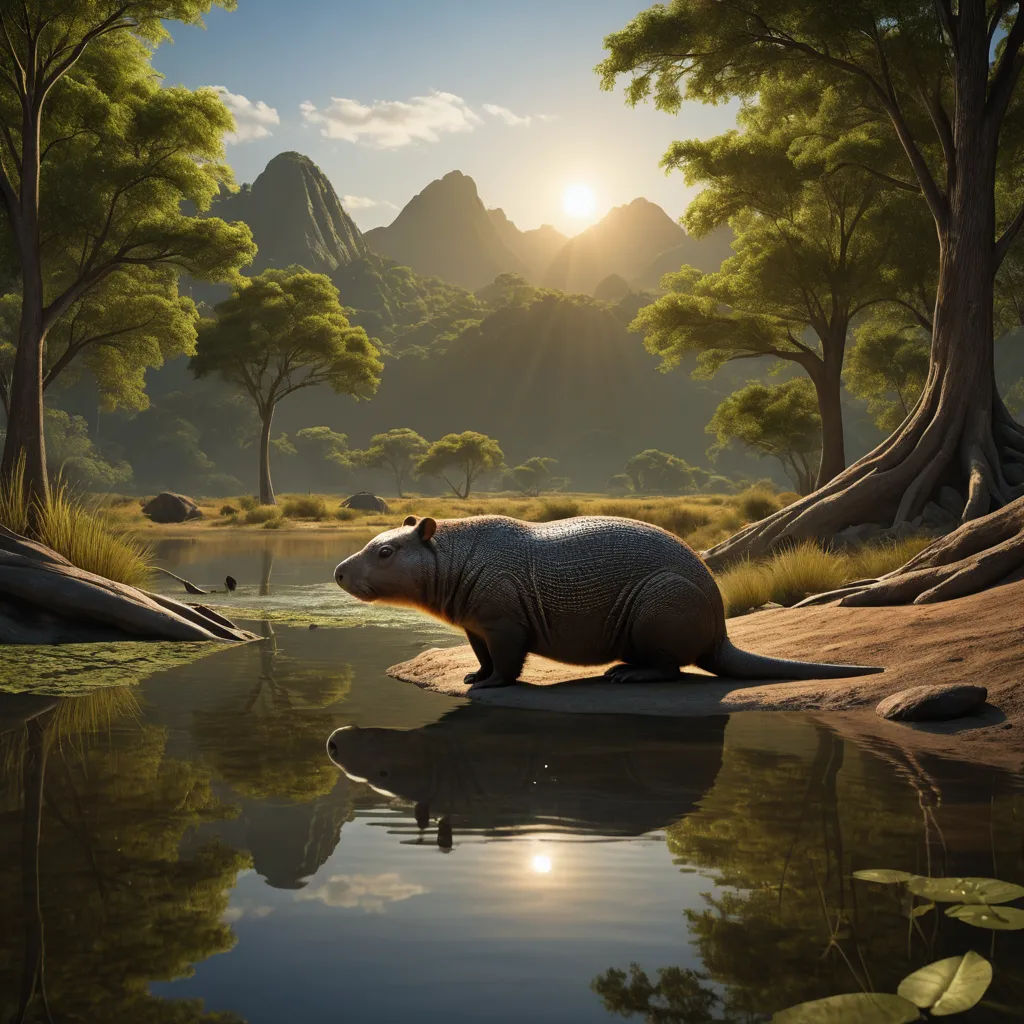 a hippo is standing in the water near some trees and rocks and a mountain range is in the background, photorealism, a detailed matte painting, Chris LaBrooy, highly detailed digital painting