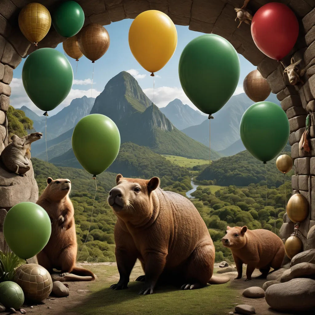 a group of animals standing next to each other under balloons in a cave with mountains in the background and a stream of water, fantastic realism, an airbrush painting, Chris LaBrooy, highly detailed digital art