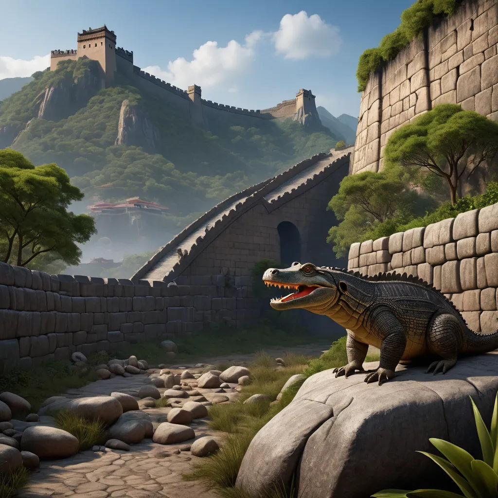 a large alligator sitting on top of a rock near a river and a castle on a hill behind it, photorealism, computer graphics, Chris LaBrooy, unreal 5