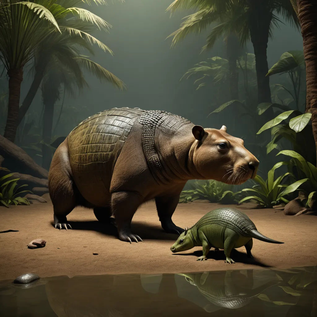 a stuffed animal is standing next to a small alligator in a jungle setting with palm trees and other plants, photorealism, an illustration of, Chris LaBrooy, promotional image