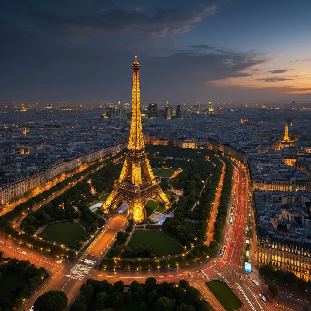 the eiffel tower is lit up at night in paris, france, with the city lights lit up, paris school, a tilt shift photo, Brassaï, tone mapping