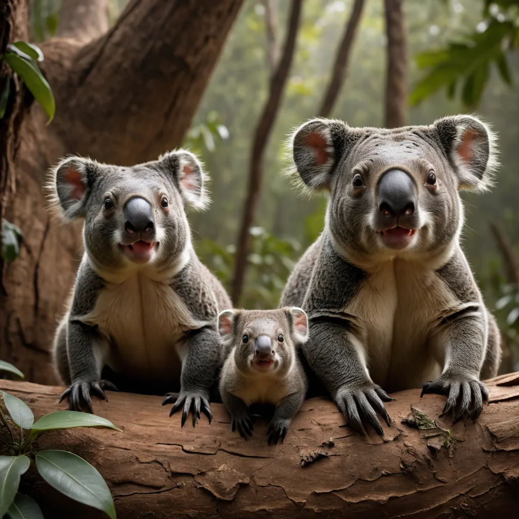 three koalas sitting on a log in a forest with trees and foliage in the background, with one of them looking at the camera, australian tonalism, a stock photo, Aloysius O'Kelly, animal photography