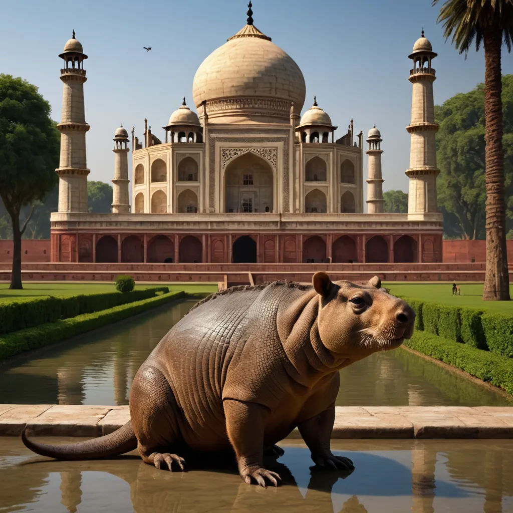 a statue of a hippo in front of a building with a pond in front of it and palm trees, hyperrealism, a digital rendering, Chris LaBrooy, hyper real