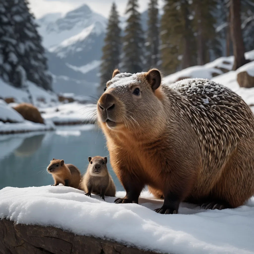a mother capybara and her two babies on a snowy day in the mountains near a lake and snow covered mountains, photorealism, computer graphics, Chris LaBrooy, animal photography