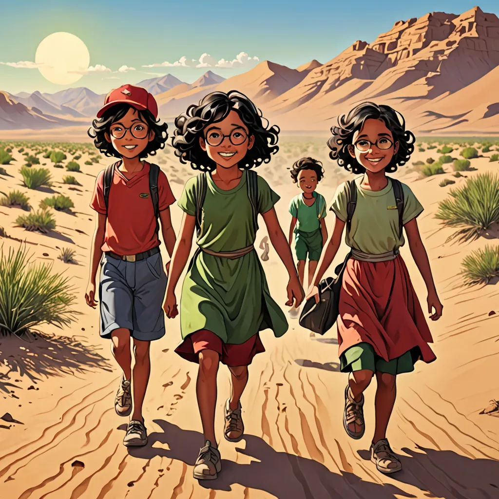 three children walking in the desert with mountains in the background and a sun in the sky above them, with a desert landscape in the background, serial art, poster art, Asaf Hanuka, promotional image