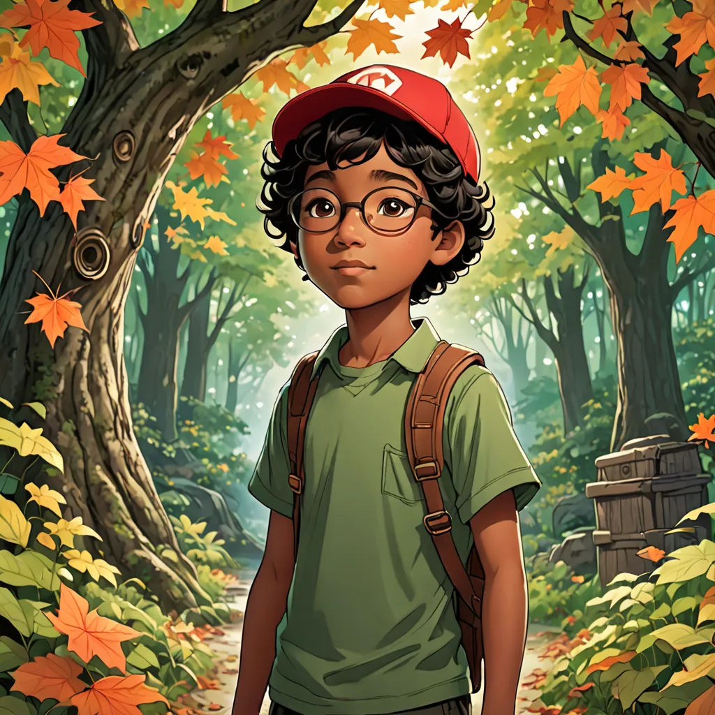 a boy with a backpack and a cap standing in a forest with leaves on the ground and a tree with orange leaves, fantasy art, a character portrait, Aaron Jasinski, official art