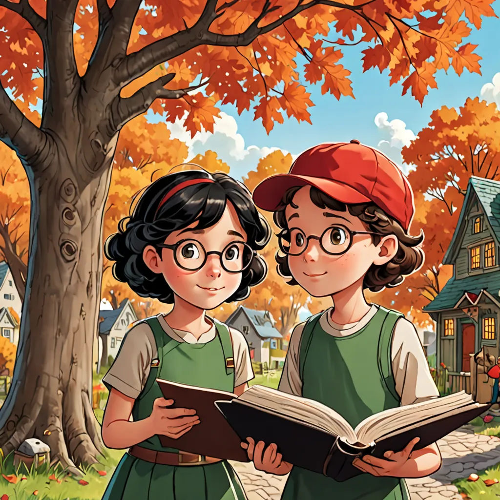 two children are reading a book in the park under a tree with autumn leaves on it and a house in the background, serial art, a storybook illustration, Diego Gisbert Llorens, official art