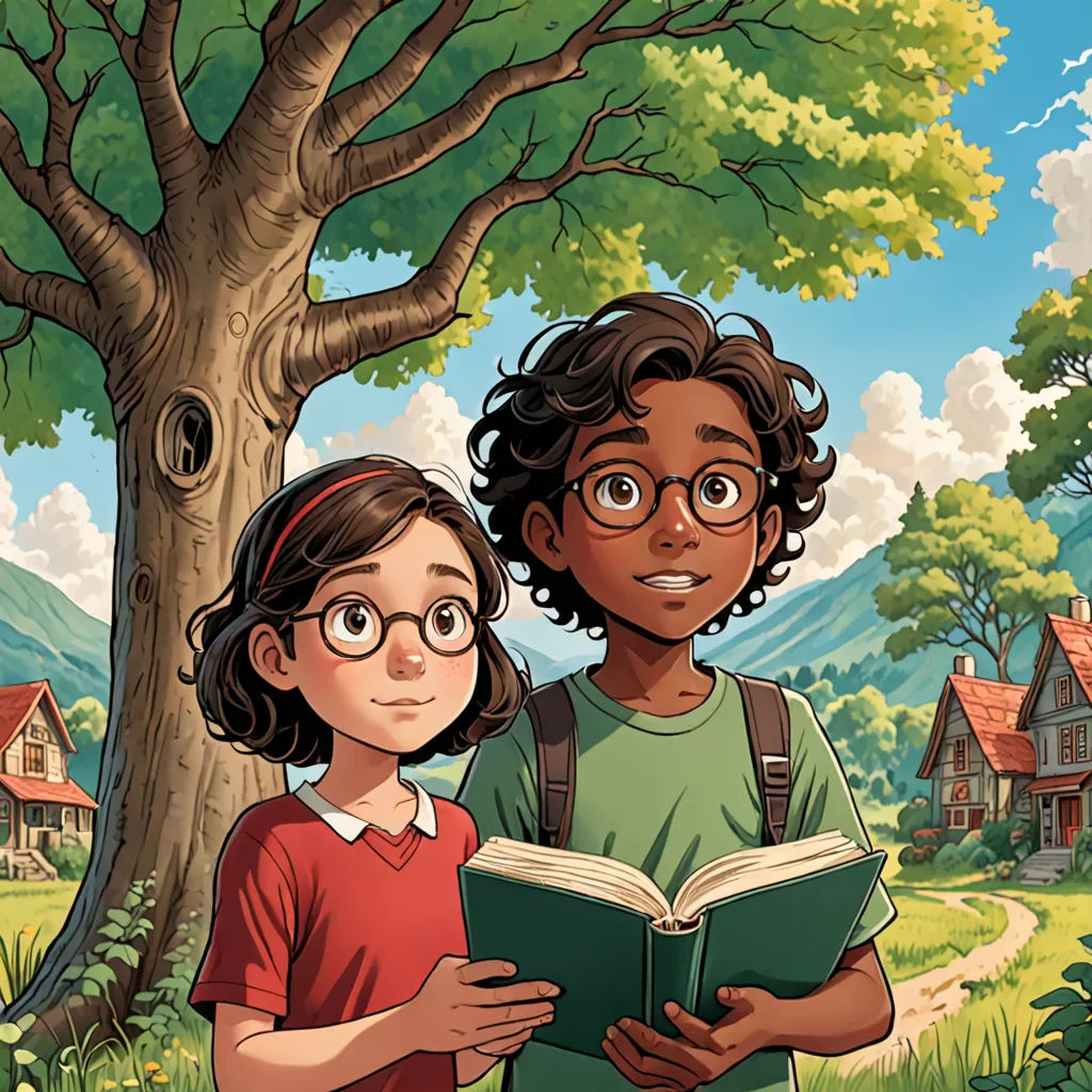 a boy and a girl are standing in front of a tree and a house with a book in their hands, process art, a storybook illustration, Aaron Jasinski, official art