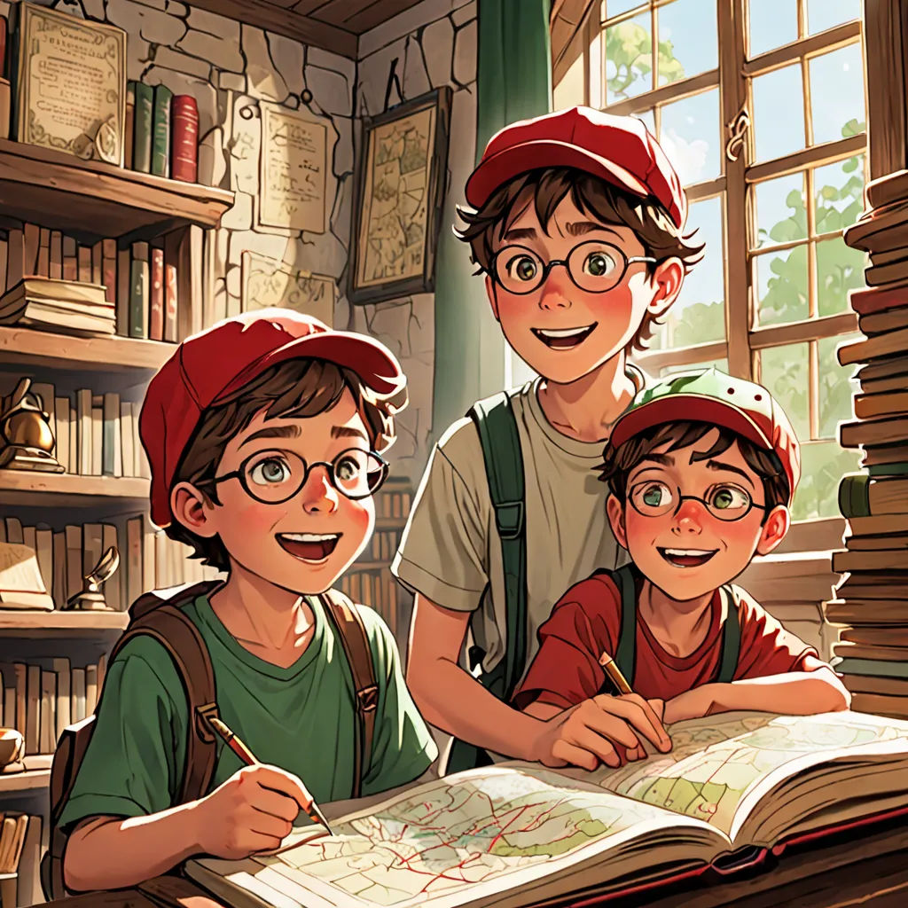 a group of kids sitting next to each other in front of a book with a map on it and a man holding a pen, academic art, a storybook illustration, Brothers Hildebrandt, cushart krenz
