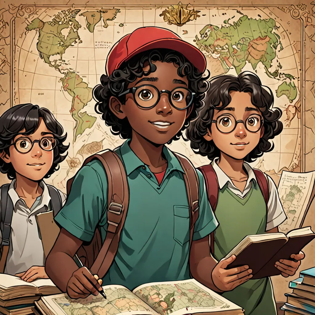 a group of children standing next to each other in front of a map with a book on it and a backpack, harlem renaissance, concept art, Brothers Hildebrandt, rossdraws global illumination