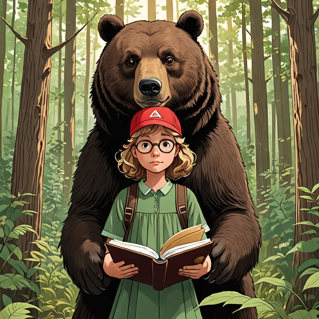 a girl is reading a book in the woods with a bear on her back and a book in her hand, process art, a storybook illustration, Diego Gisbert Llorens, promotional image