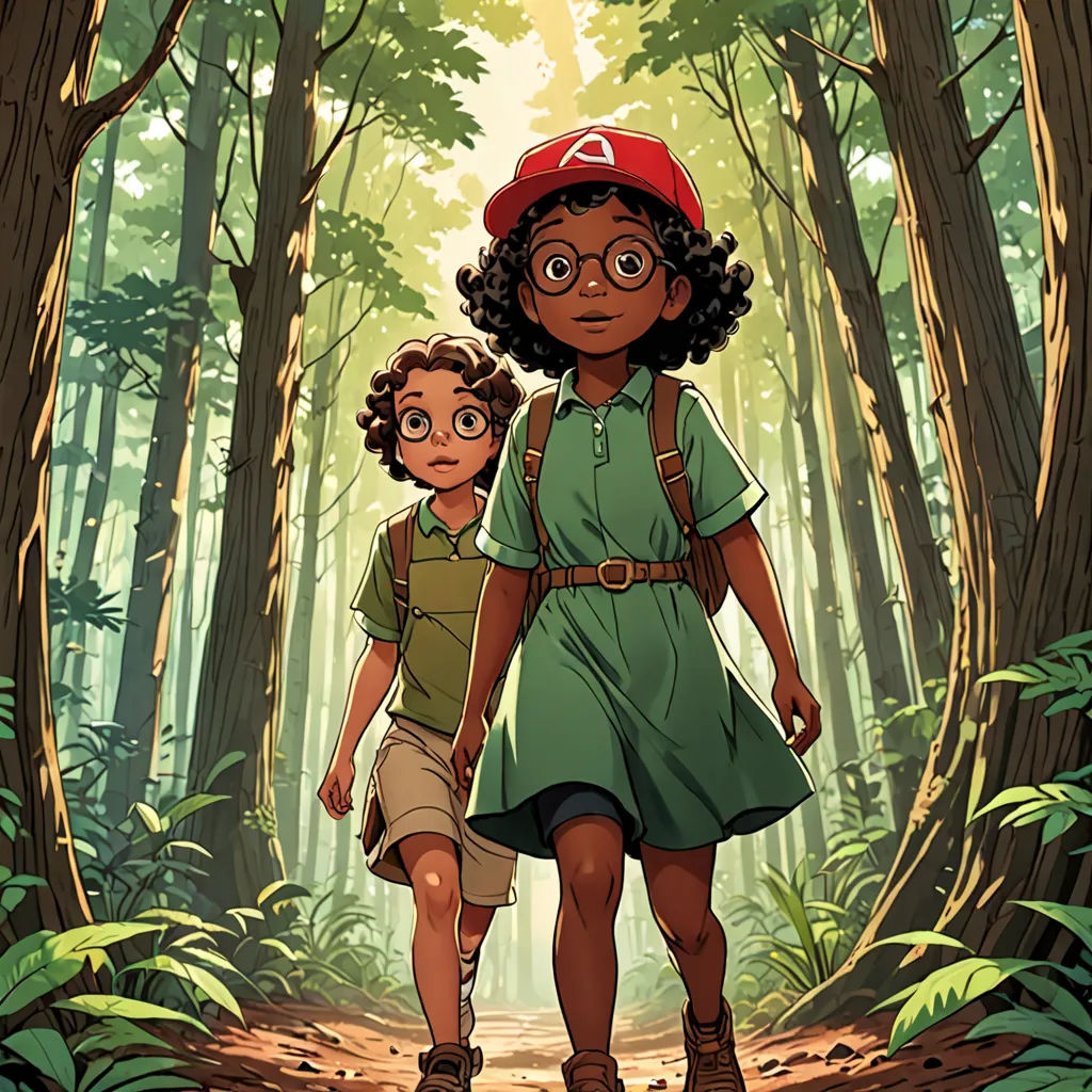a boy and a girl walking through a forest together in a cartoon style, with a red hat on, harlem renaissance, poster art, Ada Gladys Killins, comic cover art