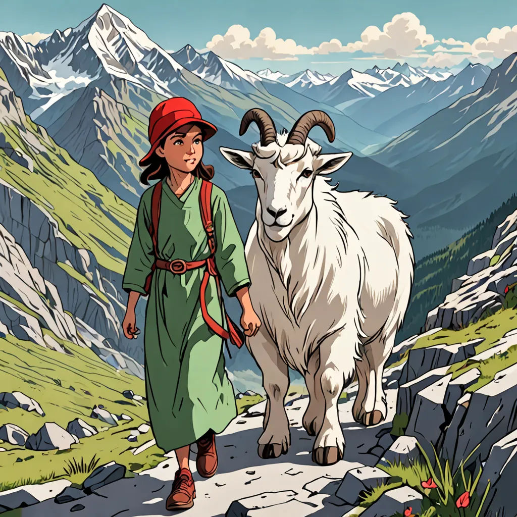 a woman in a green dress and a goat on a mountain trail with mountains in the background and clouds in the sky, lyco art, a storybook illustration, Asaf Hanuka, promotional image