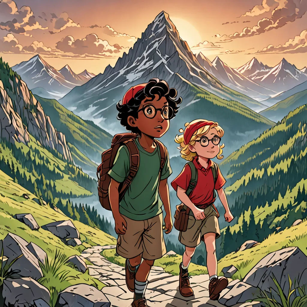 a boy and a girl are standing on a path in the mountains with a view of the mountains behind them, process art, a storybook illustration, Diego Gisbert Llorens, comic cover art