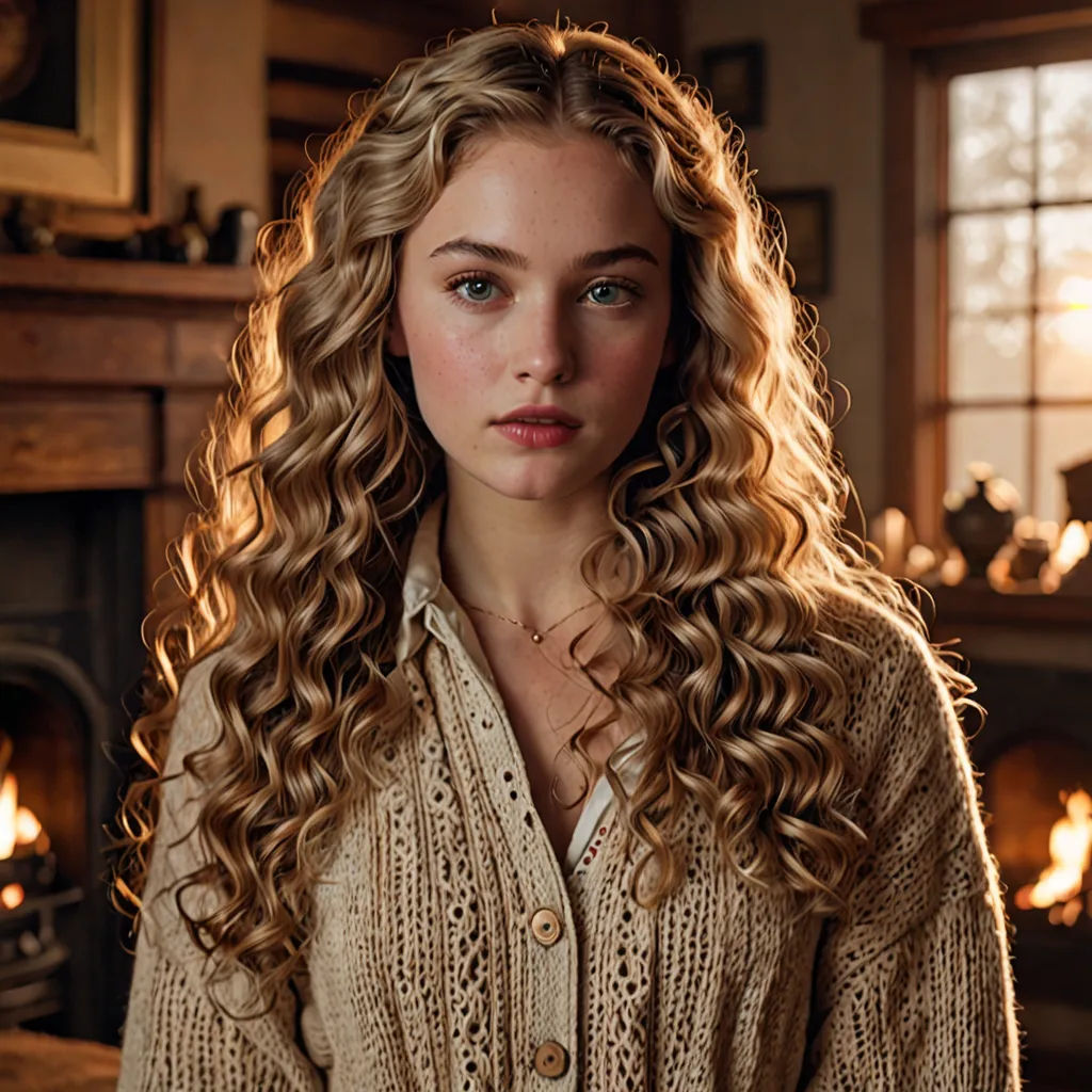 a woman with long curly hair standing in front of a fireplace in a living room with a fireplace and a window, arts and crafts movement, a character portrait, Constance Gordon-Cumming, promotional image