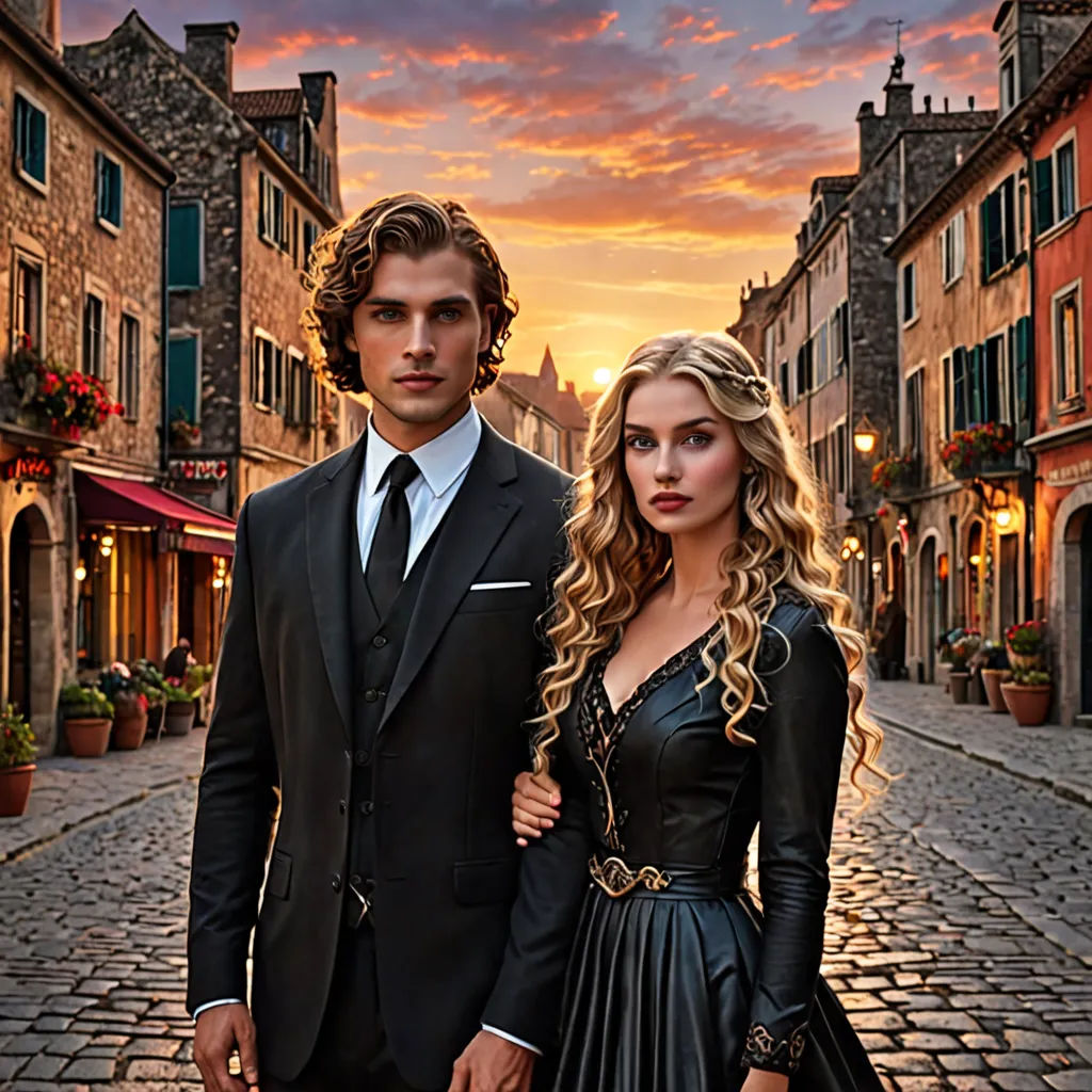 a man and a woman standing in a cobblestone street at sunset in a historical setting with a pink sky, magic realism, a matte painting, Enguerrand Quarton, promotional image
