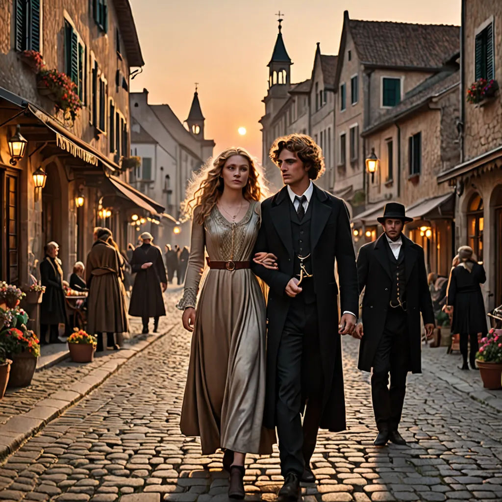 a man and a woman walking down a cobblestone street in a historical setting with a crowd of people, neo-romanticism, a detailed matte painting, Colin Middleton, promotional image