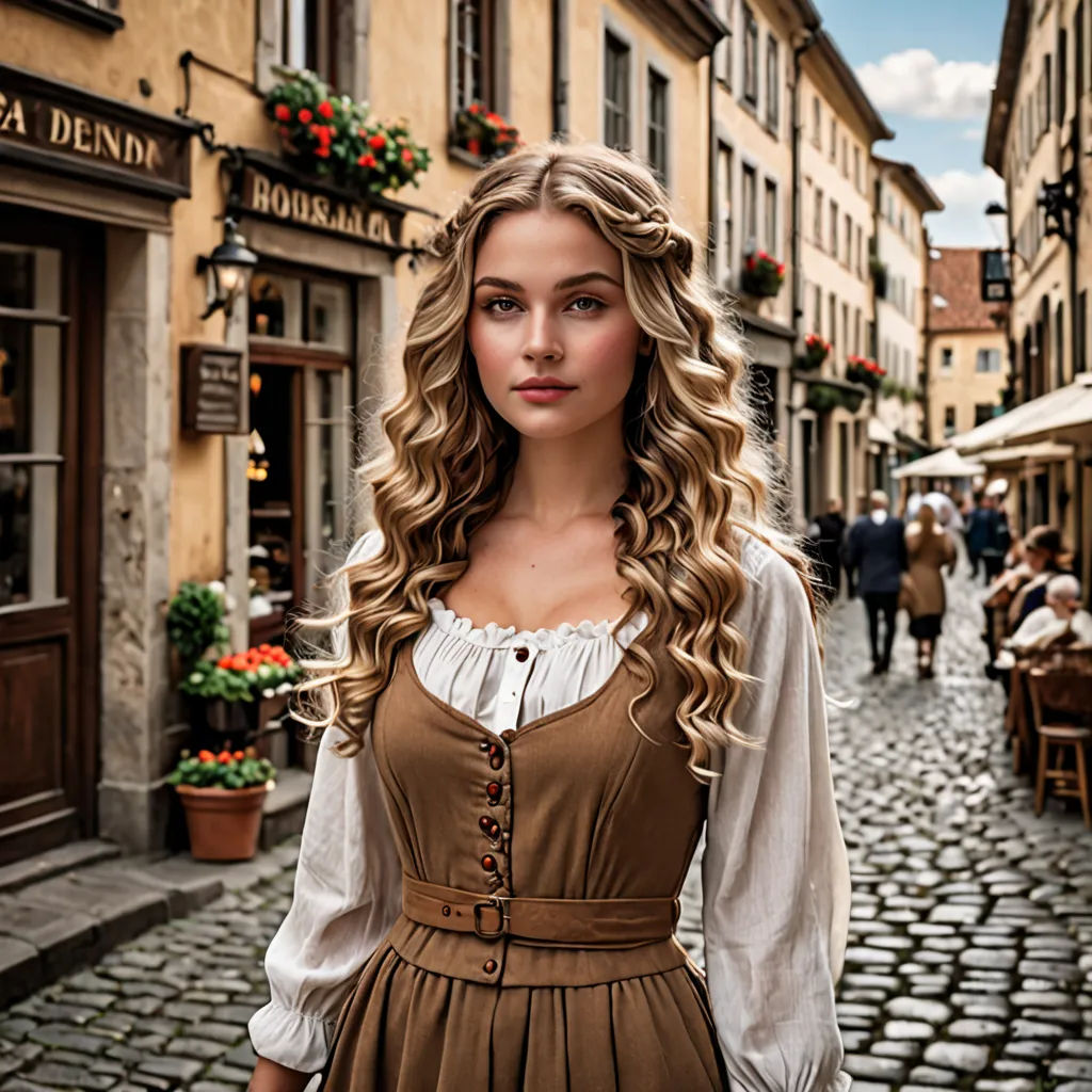 a woman in a brown dress standing on a cobblestone street in a european town with people walking by, german romanticism, a photorealistic painting, Anna Katharina Block, medieval