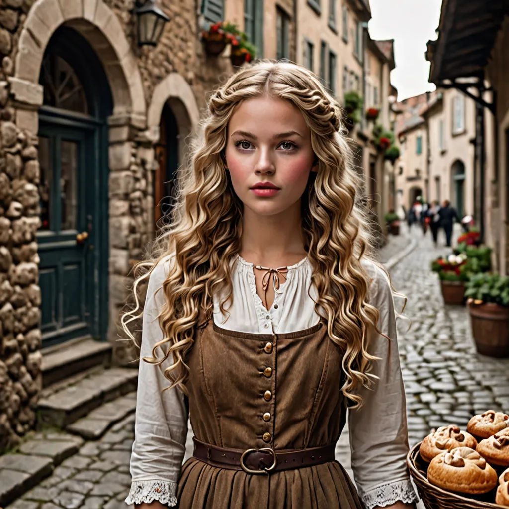 a woman holding a tray of donuts in a cobblestone street in a european town with stone buildings, aestheticism, a character portrait, Amalia Lindegren, promotional image