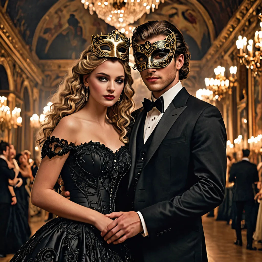 a man and a woman in masquerades standing in a ballroom with chandeliers on the ceiling, rococo, a poster, Enguerrand Quarton, promotional image