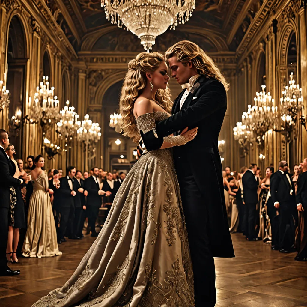 a couple in formal dress dancing in a ballroom with a crowd of people in the background and chandeliers, rococo, a detailed matte painting, Enguerrand Quarton, vfx