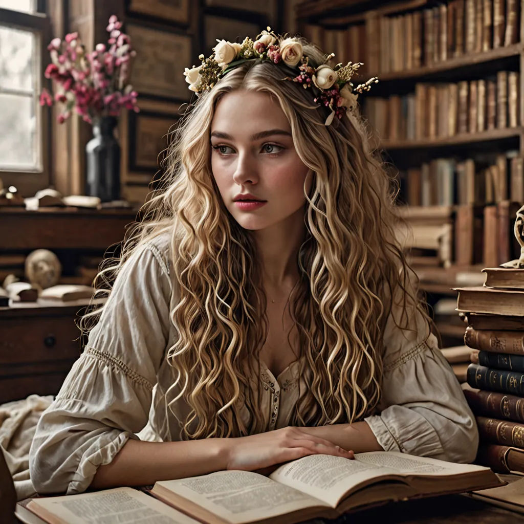 a woman sitting at a table with a book in front of her and a flower crown on her head, rococo, a character portrait, Artur Tarnowski, enchanting