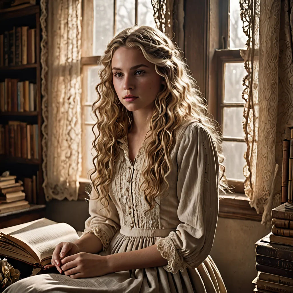 a woman sitting in a chair in front of a window with a book in her lap and a book in her hand, rococo, a character portrait, Anne Said, promotional image