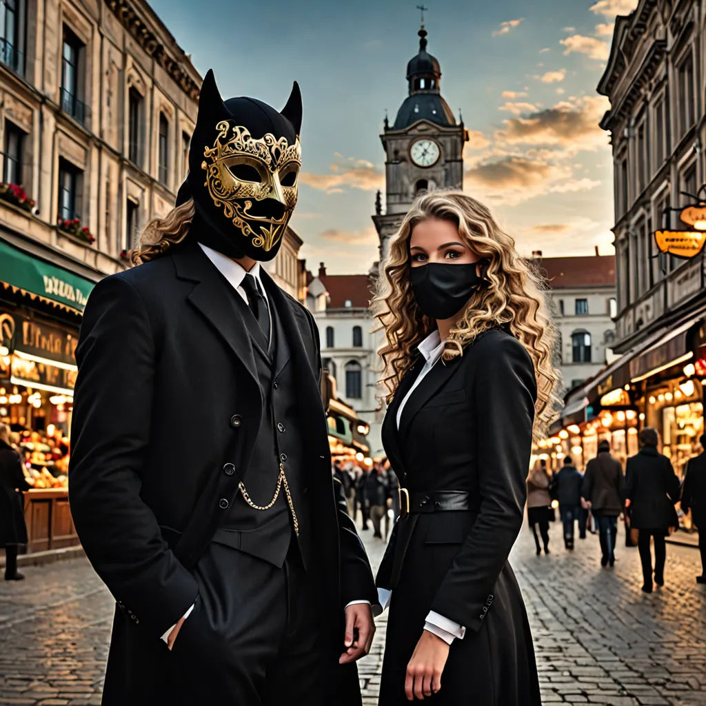 a man and woman wearing masks standing in front of a clock tower in a city square at sunset with a crowd of people, international gothic, a stock photo, Artur Tarnowski, behance hd