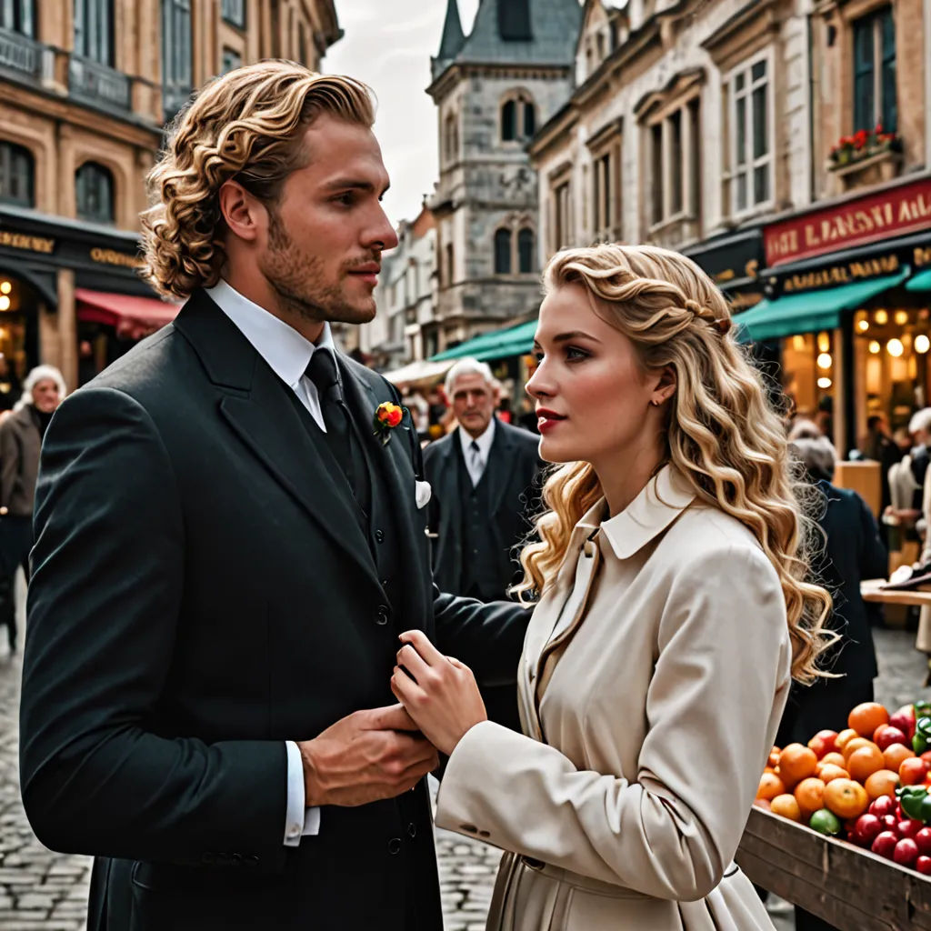 a man and a woman standing in front of a fruit stand in a city street with people walking around, german romanticism, a poster, Christian Hilfgott Brand, promotional image