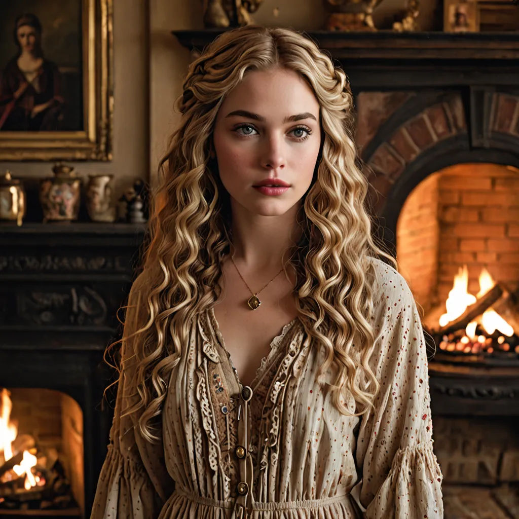 a woman in a dress standing in front of a fireplace with a fire place in the background and a man in the background, rococo, a character portrait, Constance Gordon-Cumming, promotional image