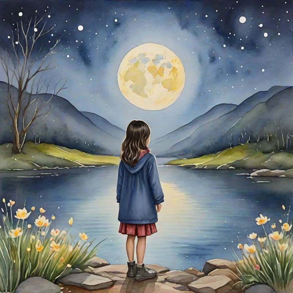a painting of a girl looking at the moon over a lake with flowers in the foreground and mountains in the background, Cindy Wright, metaphysical painting, a storybook illustration, storybook illustration