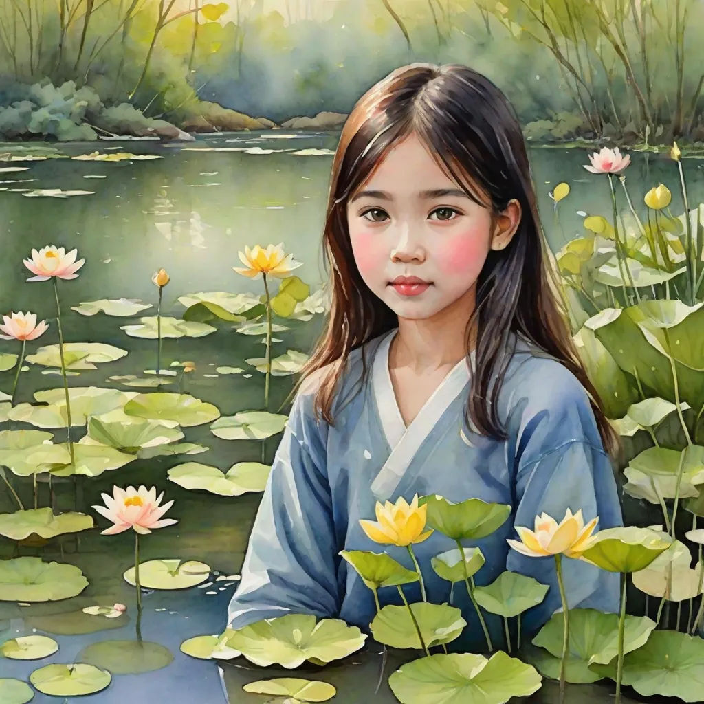 a painting of a girl in a kimono sitting in a pond of water lilies with lily pads, Chen Chun, figurative art, a fine art painting, highly detailed oil painting