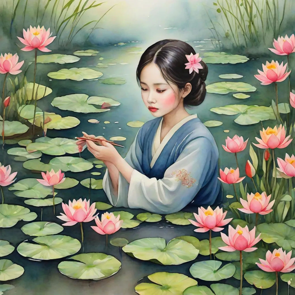 a painting of a woman in a kimono sitting in a pond of water lillies with a bird, Chen Chun, figurative art, a detailed painting, phuoc quan