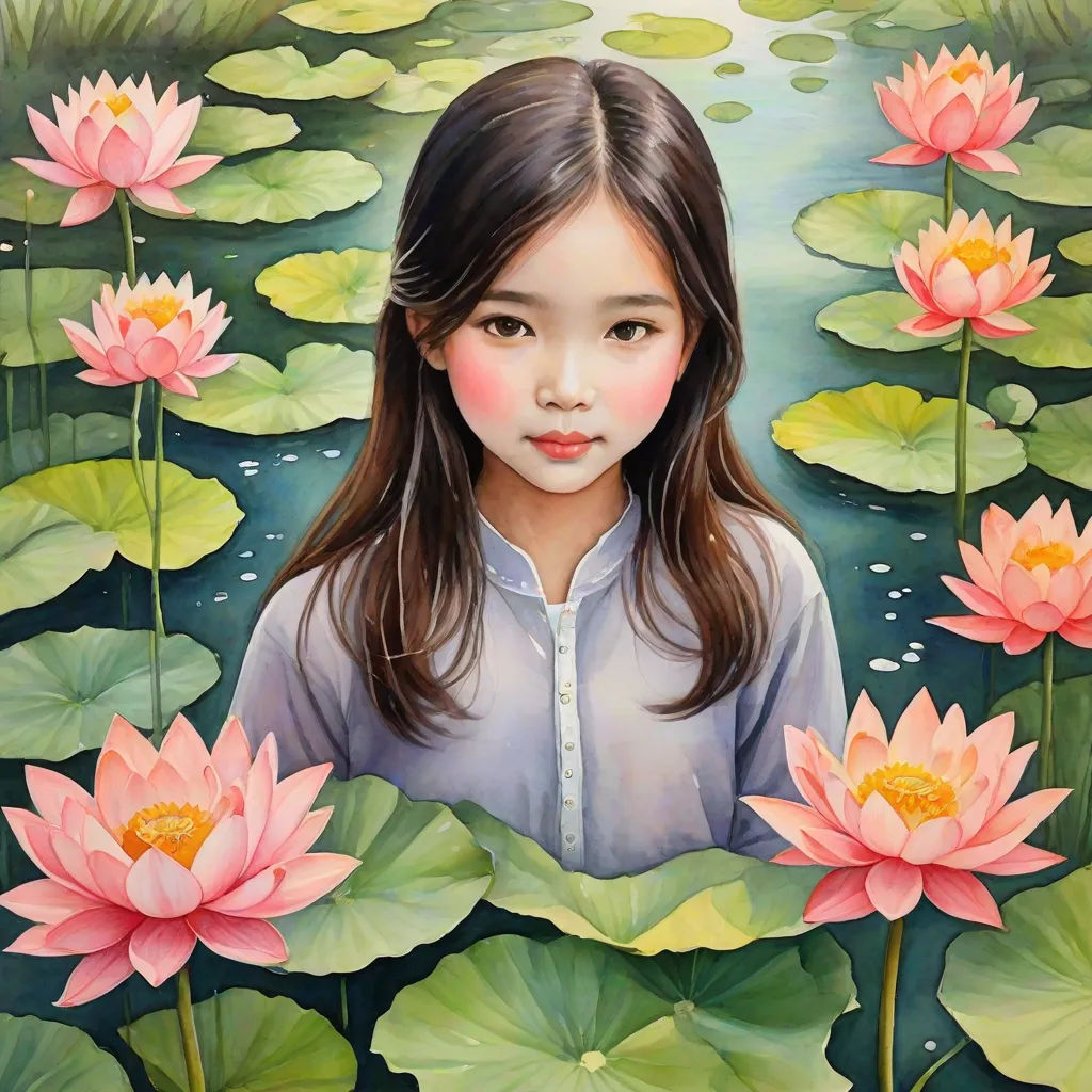 a painting of a girl surrounded by water lilies and lily pads with a pond in the background and a pond of water lilies, Chen Chun, figurative art, a detailed painting, highly detailed oil painting