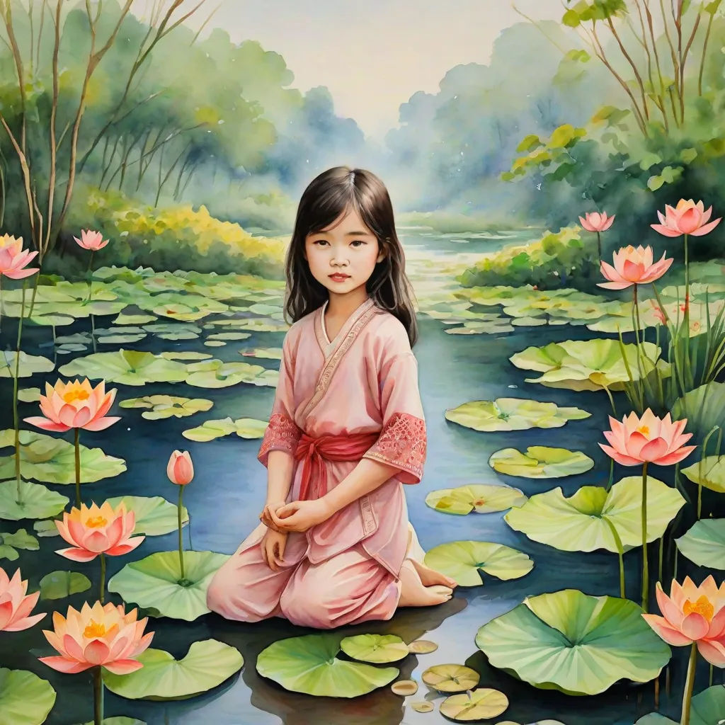 a painting of a girl sitting on a lily pad in a pond of water lilies with a pond of water lilies in the background, Chen Chun, figurative art, a fine art painting, highly detailed oil painting