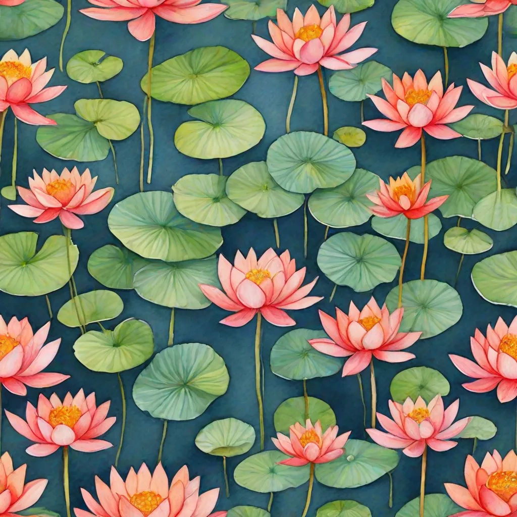a painting of pink water lilies and green leaves on a blue background with a green background and a yellow center, amy sol, cloisonnism, a silk screen, in gouache detailed paintings