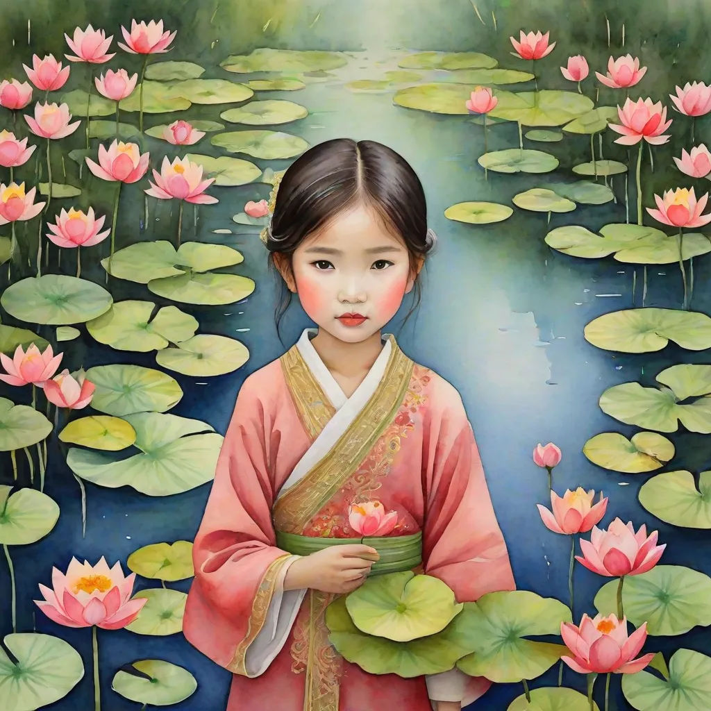 a painting of a girl in a pink dress standing in front of water lillies and lily pads with a pond in the background, Chen Yifei, figurative art, an oil painting, phuoc quan