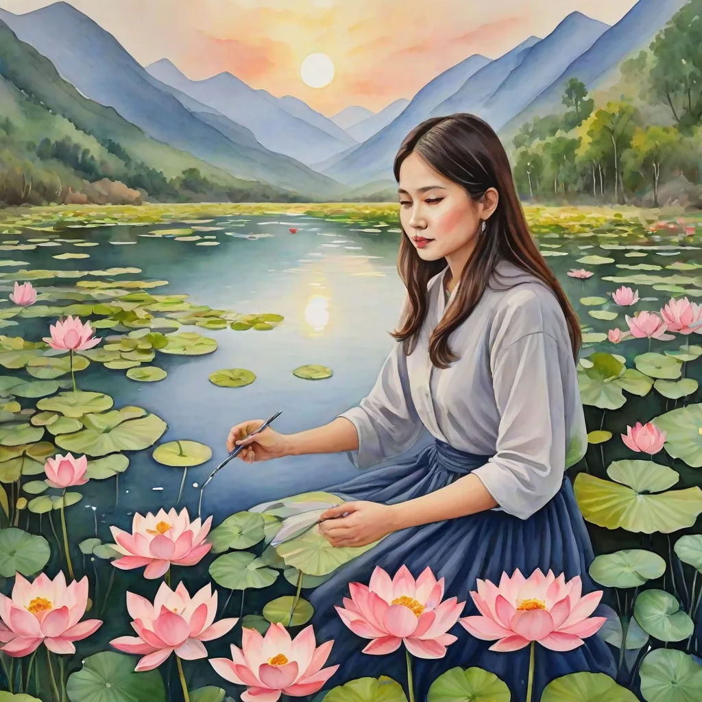 a painting of a woman in a blue dress in a field of water lillies with a mountain range in the background, Bian Jingzhao, figurative art, an oil painting, highly detailed oil painting