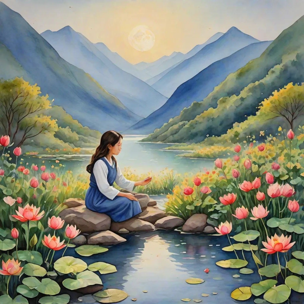 a painting of a woman sitting on a rock in a field of flowers and lily pads with a mountain range in the background, Christophe Vacher, metaphysical painting, an oil on canvas painting, tranquil